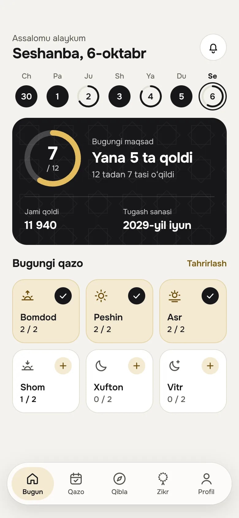 Yorug‘ rejimdagi Bugun ekrani